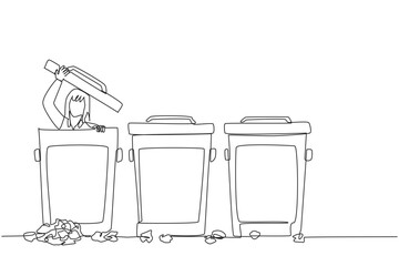 Single continuous line drawing businesswoman peeking out of trash can, there were lots of wads of paper. Bankrupt. Shame on colleagues. Don't want to be found. One line design vector illustration