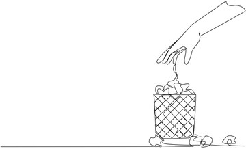 Single one line drawing hand throws wadded paper into wire mesh trash can. Always fail to write down ideas. A lot of paper is wasted. Wasteful. Stagnant. Continuous line design graphic illustration - obrazy, fototapety, plakaty