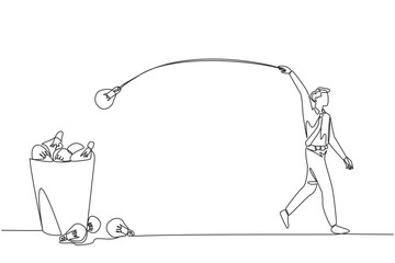 Single continuous line drawing businessman walking throwing light bulbs into the trash can. Avoiding responsibility for ideas that are not brilliant. Disappointing. One line design vector illustration