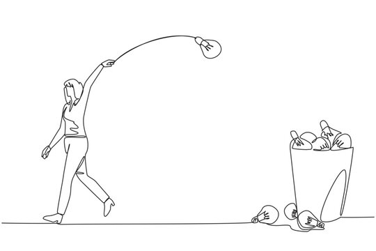 Single one line drawing businesswoman walking throwing lightbulb into trash can. Throwing away the opportunity to have the best innovation for the company. Continuous line design graphic illustration