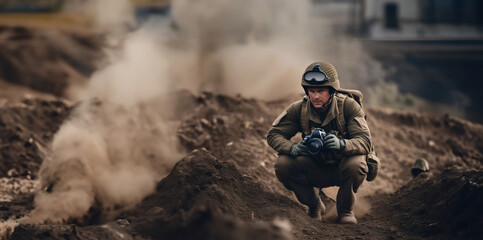 military photographer in military uniform with a camera on the battlefield