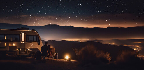 couple in love at night in a motorhome camper in nature on a trip