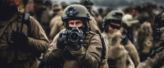 military photographer in military uniform with a camera on the battlefield - obrazy, fototapety, plakaty