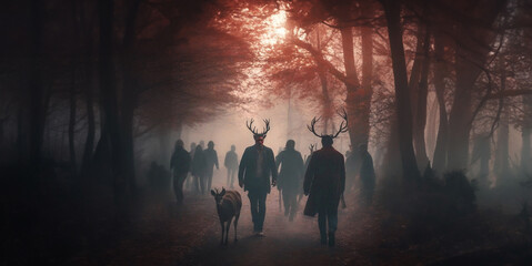 zombie apocalypse concept zombie virus near deer in the forest,  CWD &mdash; сhronic wasting disease