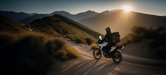 traveling on a tourenduro motorcycle along a mountain road in summer with panniers and a backpack