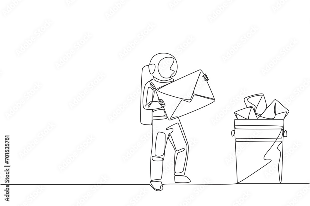 Poster continuous one line drawing astronaut throw large envelope in the trash. avoid continuous incoming e