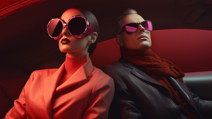 an extravagant couple of mannequins in stylish expensive clothes and glasses sit in the car interior at a car exhibition, luxury car concept.  - obrazy, fototapety, plakaty