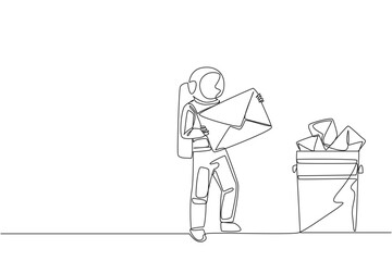 Continuous one line drawing astronaut throw large envelope in the trash. Avoid continuous incoming email attacks. Deleting. Space man cosmic galaxy concept. Single line draw design vector illustration