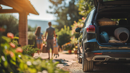 Family unloading their car at home, selective focus on car. Open trunk. - obrazy, fototapety, plakaty
