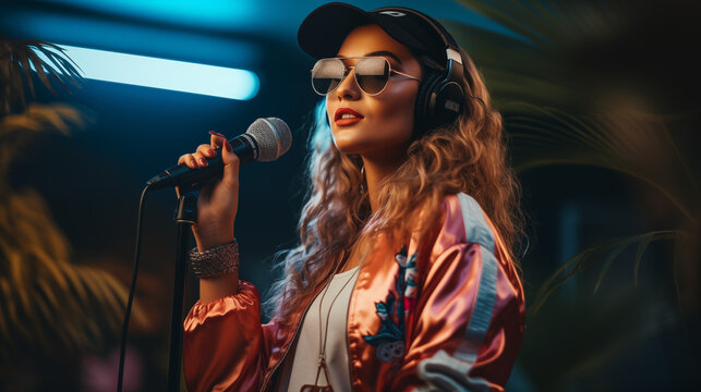 Young woman wearing sunglasses and cap, singing into microphone at a karaoke.