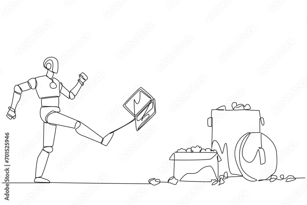 Poster continuous one line drawing emotional robot kicked laptop into the trash. many bugs go wrong when pr