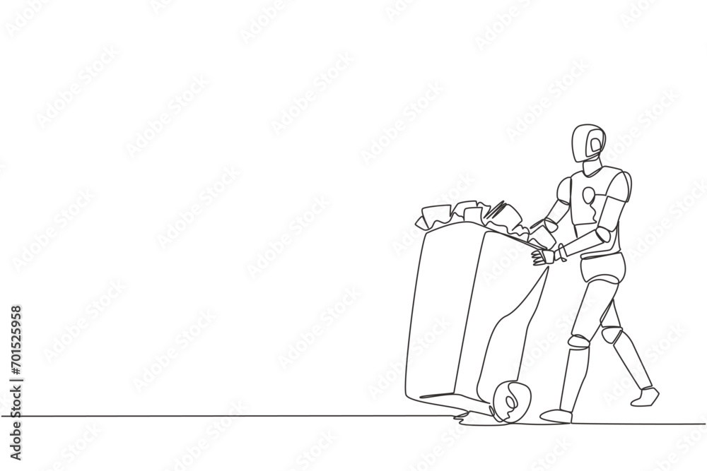 Poster single one line drawing robot pushing a trash can filled with wads of paper. obsolete artificial int