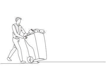 Continuous one line drawing businessman pushing a trash can filled with wads of paper. Throw away administrative records that are no longer needed. Delete. Single line draw design vector illustration