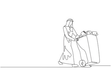 Continuous one line drawing Arabian businessman pushing a trash can filled with wads of paper. Nonworking document. Useless file at office. Deleting data. Single line draw design vector illustration