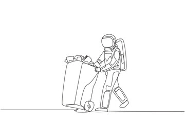 Single continuous line drawing astronaut pushing a trash can filled with wads of paper. Throw away training notes that are no longer used during space expeditions. One line design vector illustration