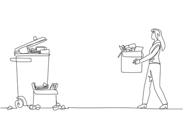 Continuous one line drawing businesswoman carrying a cardboard box full of piles of paper to trash. Throw away piles of incorrect final reports. Revision. Single line draw design vector illustration