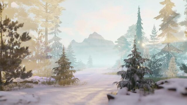 Camera flight on a winter morning in the gentle rays of dawn in a snow-covered forest with a view of the mountain, 3D renderer