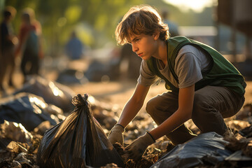 A boy participating in a community cleanup, highlighting environmental awareness and responsibility. Generative Ai.