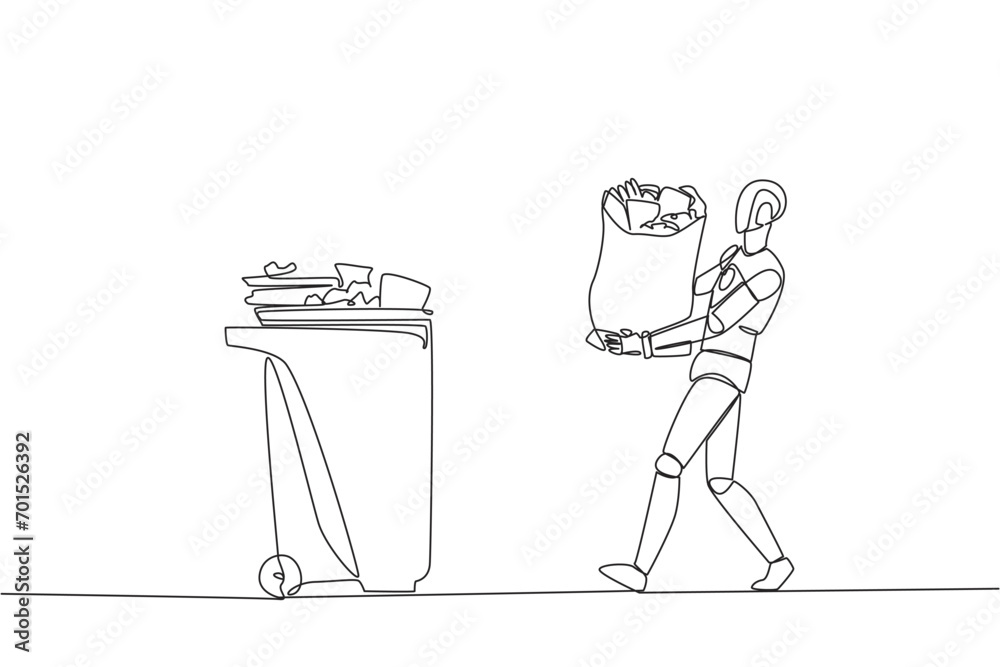 Poster continuous one line drawing robot walked carrying a trash bag in both hands towards the trash can. r