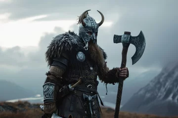 Tuinposter Nordic Fury: A Fierce Viking Warrior in Battle Gear, Wielding a Mighty Axe, Stands in a Battle-Ready Pose - Embodying the Strength and Valor of Norse Mythology.   © Mr. Bolota