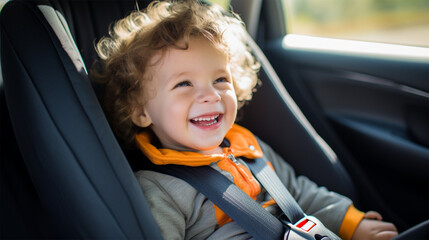 Cute cheerful curly child sitting in a safety seat in a car. Preventing danger. concept of safe travel and protecting life. 