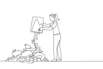 Continuous one line drawing woman throws rubbish into rubbish pile. Environmental care. Piling up trash is like inviting disease. Makes the air polluted. Single line draw design vector illustration