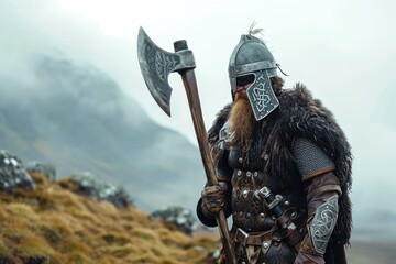 Nordic Fury: A Fierce Viking Warrior in Battle Gear, Wielding a Mighty Axe, Stands in a Battle-Ready Pose - Embodying the Strength and Valor of Norse Mythology.

