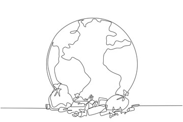 Single one line drawing a large globe surrounded by scattered rubbish. Nature no longer presents its beauty. Risk of more rapid increase in global warming. Continuous line design graphic illustration