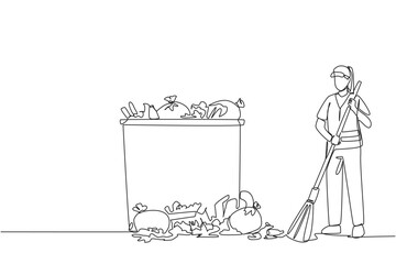 Continuous one line drawing trash woman cleans rubbish by sweeping it into a pile of rubbish. Cleaners who are passionate about keeping environment clean. Single line draw design vector illustration