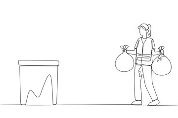 Single continuous line drawing trash woman carrying two plastic trash bags. Bring household rubbish to throw in the rubbish bin. Consciously maintain cleanliness. One line design vector illustration