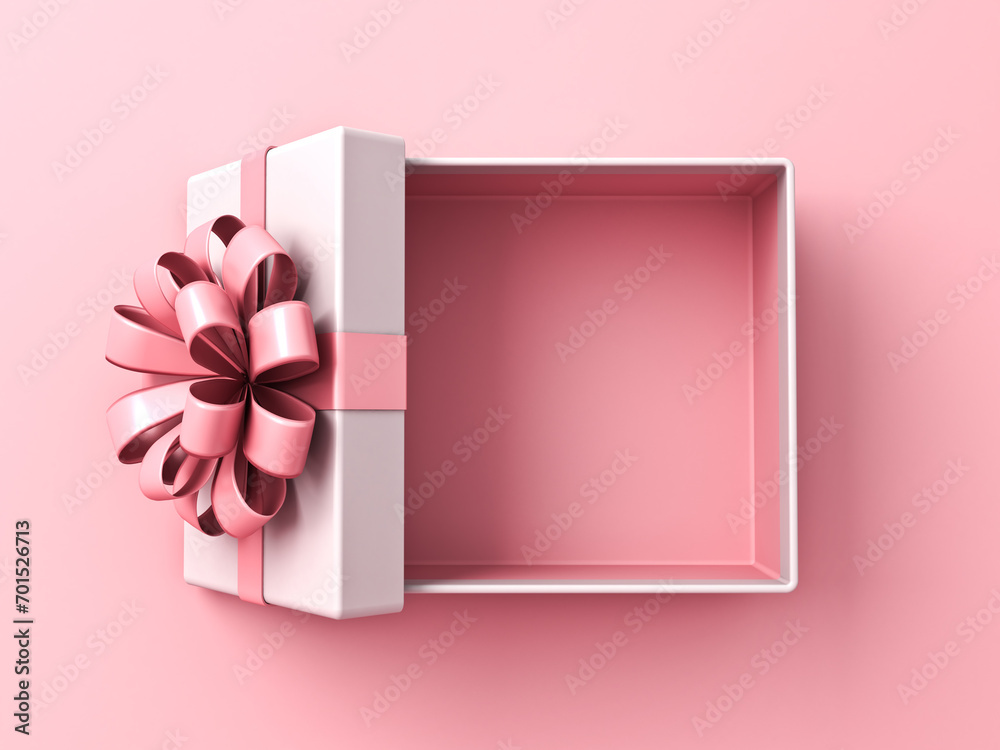 Poster Blank sweet pink pastel color present box or top view of open gift box with pink ribbon and bow isolated on pink background with shadow minimal for valentines day concepts 3D rendering