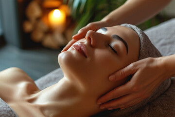 Obraz na płótnie Canvas young beautiful woman enjoying a massage from a cosmetologist. hands of a cosmetologist doing a facial massage 