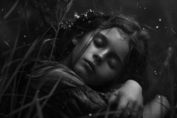 Black and White Portrait of a Young Girl in the Rain made with Generative AI Technology