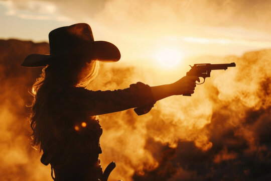 Cowgirl dueling at Dawn in the Desert  made with Generative AI Technology