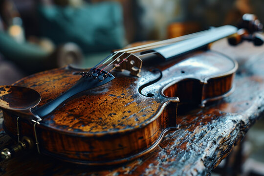 Macro Shot of an Old Violin made with Generative AI Technology