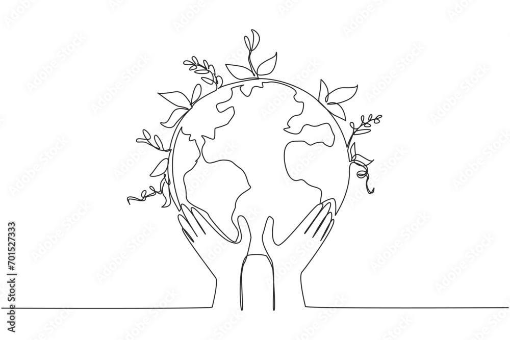 Wall mural Single one line drawing two hands holding a globe. Care about the earth. Planting plants for healthier air. Environmental care. World environment day. Continuous line design graphic illustration