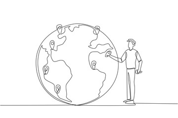 Single one line drawing man places a pin location point on surface of globe. Mapping areas that are very important for immediate tree planting. Earth day. Continuous line design graphic illustration