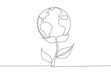 Continuous one line drawing a plant with a globe at the end. World environmental day. Save the world. Save the planet. Many trees lack pollution. Planting. Single line draw design vector illustration