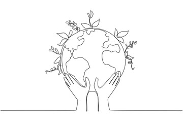 Single one line drawing two hands holding a globe. Care about the earth. Planting plants for healthier air. Environmental care. World environment day. Continuous line design graphic illustration