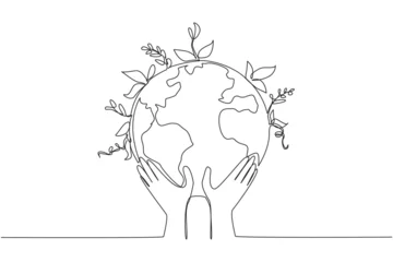 Cercles muraux Une ligne Single one line drawing two hands holding a globe. Care about the earth. Planting plants for healthier air. Environmental care. World environment day. Continuous line design graphic illustration