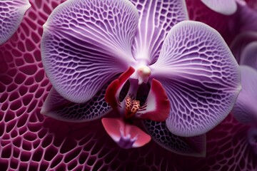Fototapeta na wymiar A high-resolution close-up capturing the delicate and mesmerizing patterns on an orchid's petal, showcasing the exquisite detail of nature's intricate canvas.