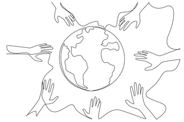 Single continuous line drawing some hands want to hold the globe. Rescue symbol. Volunteers save the earth. Plant trees. For better earth. World environment day. One line design vector illustration