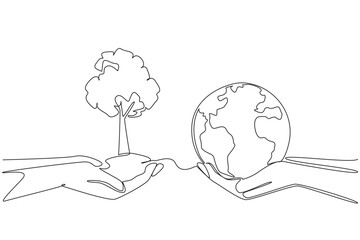 Single continuous line drawing two pairs of hands, each holding a plant and a globe. Green environment. Environmental care. Re-greening the earth. Free pollution. One line design vector illustration