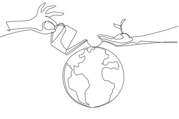 Single one line drawing one hand holds a plant seed while the other waters the globe. Awareness of keeping the earth green starts from oneself. Environment. Continuous line design graphic illustration
