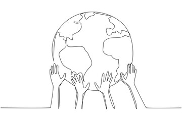 Single continuous line drawing several hands holding the globe from below. A real action to save our beloved planet earth. Keep it green and beautiful. Earth day. One line design vector illustration
