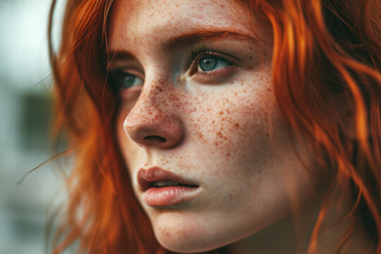 Modeling shot of a beautiful red haired woman with freckles made with Generative AI Technology