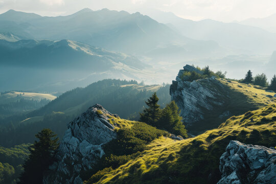 Green Mountain Landscape in the Morning Sunrise made with Generative AI Technology