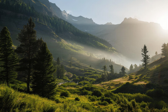 Green Mountain Landscape in the Morning Sunrise made with Generative AI Technology