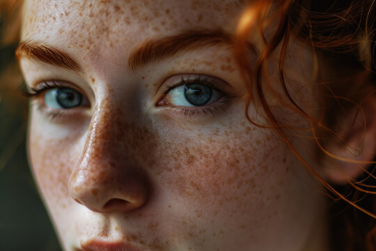 Extreme close up modeling shot of a beautiful red haired woman with freckles made with Generative AI Technology