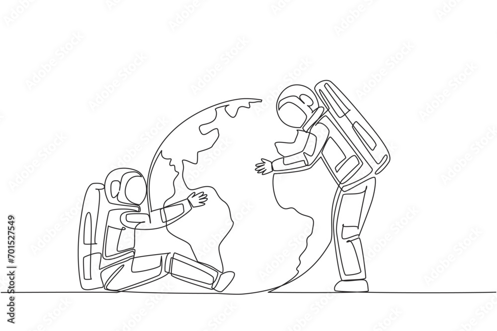 Poster single continuous line drawing two astronauts hugging globe. best message from a spaceman: protect t